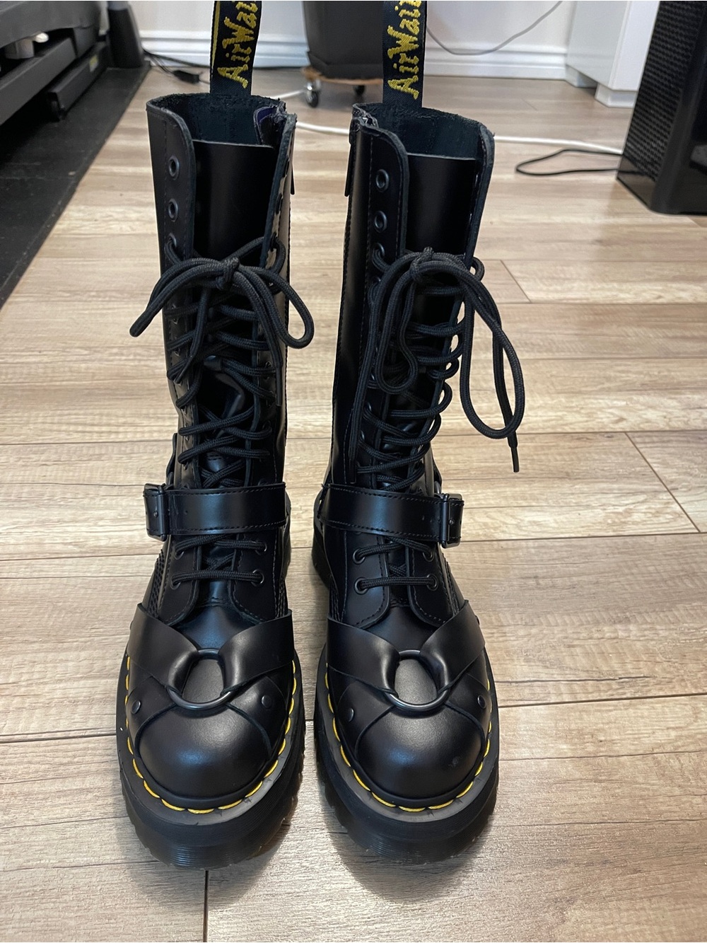 Dr. Martens Black Leather Lace-Up Platform Boots with Yellow Stitching